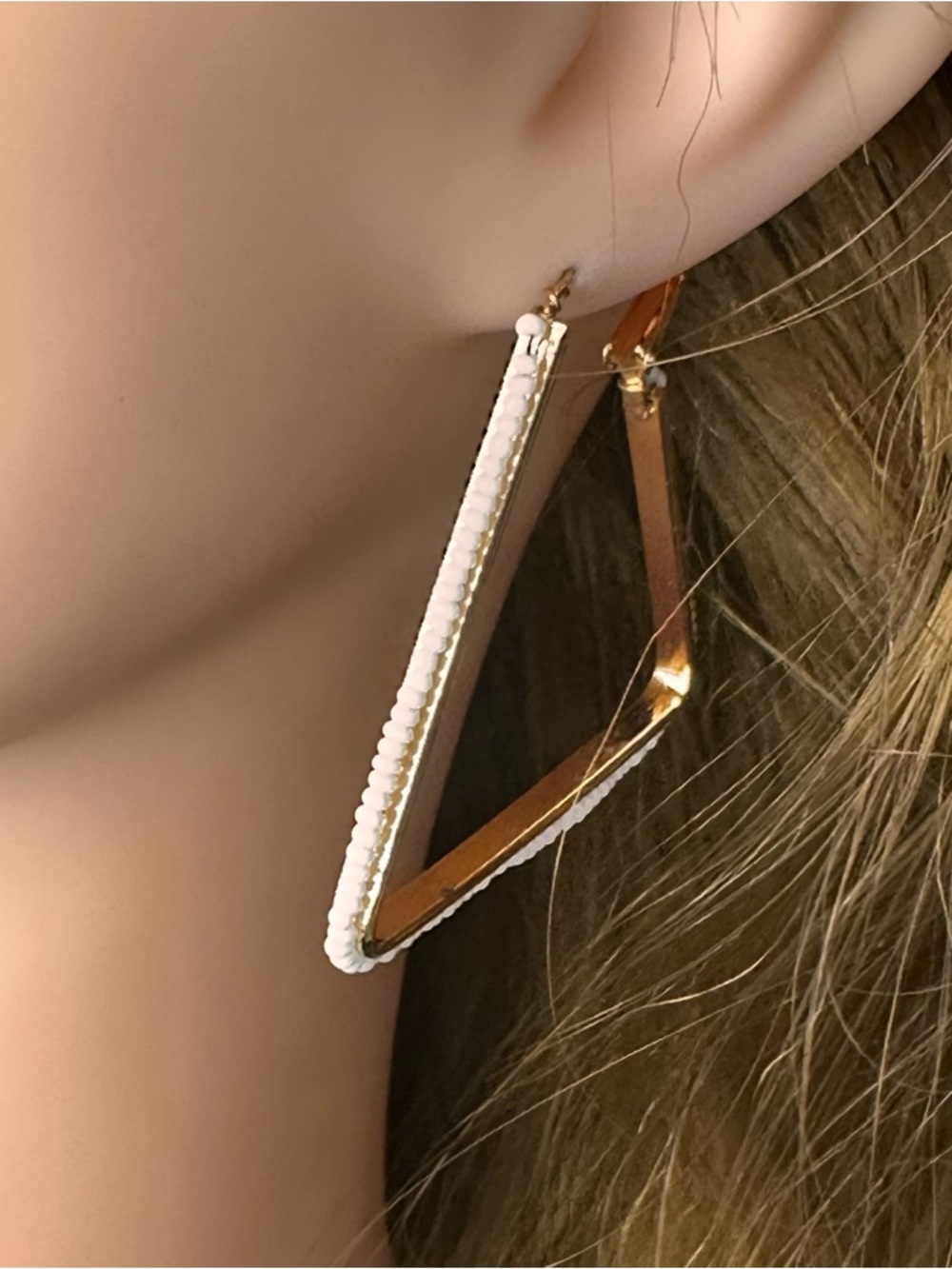 White Beaded Triangle Hoop Earrings | Bold Geometric Statement Jewelry | NWT - Picture 3 of 11